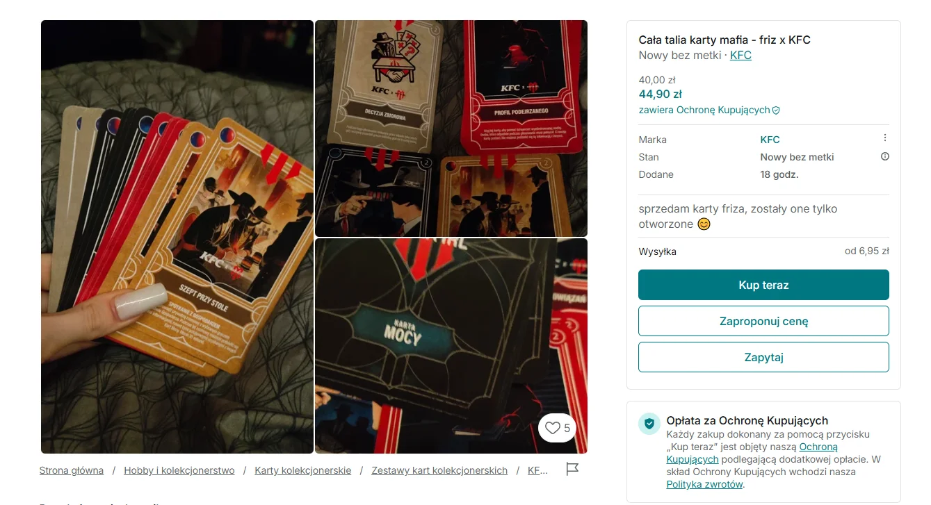 Oferty otwartych kart Mafia IRL na Vinted — ceny skompletowanych talii