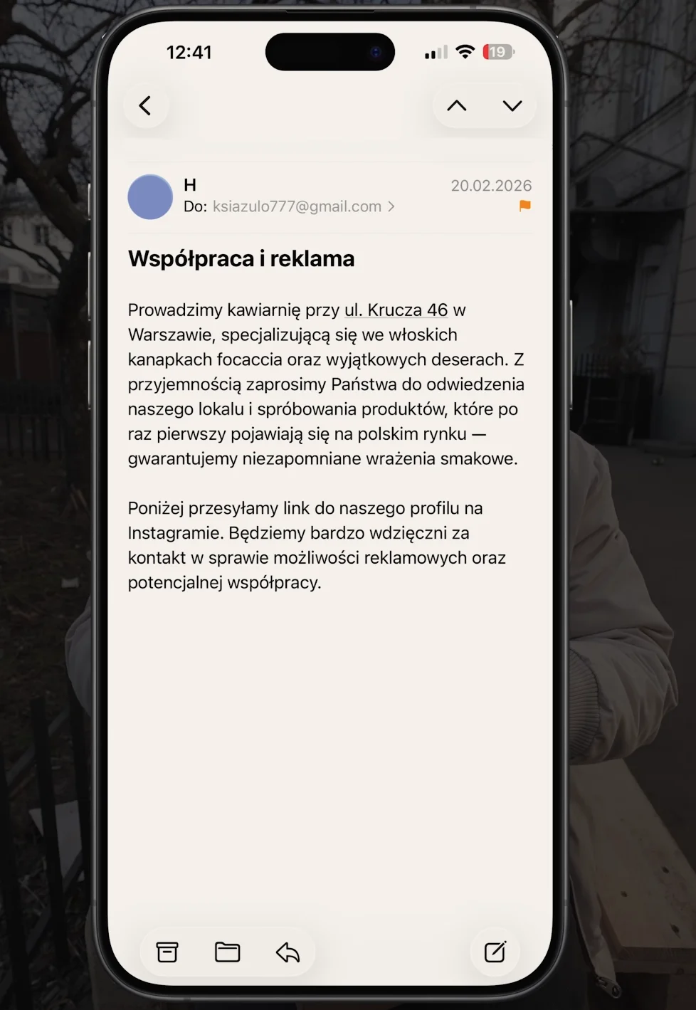 Zrzut ekranu maila od lokalu Number 46 do Książula