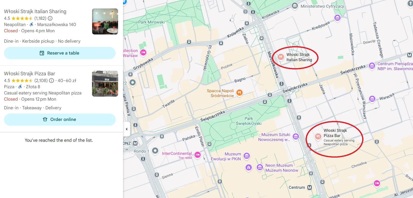 Google Maps - dwie lokalizacje Włoskiego Strajku w Warszawie: Pizza Bar na Złotej i Italian Sharing na Marszałkowskiej